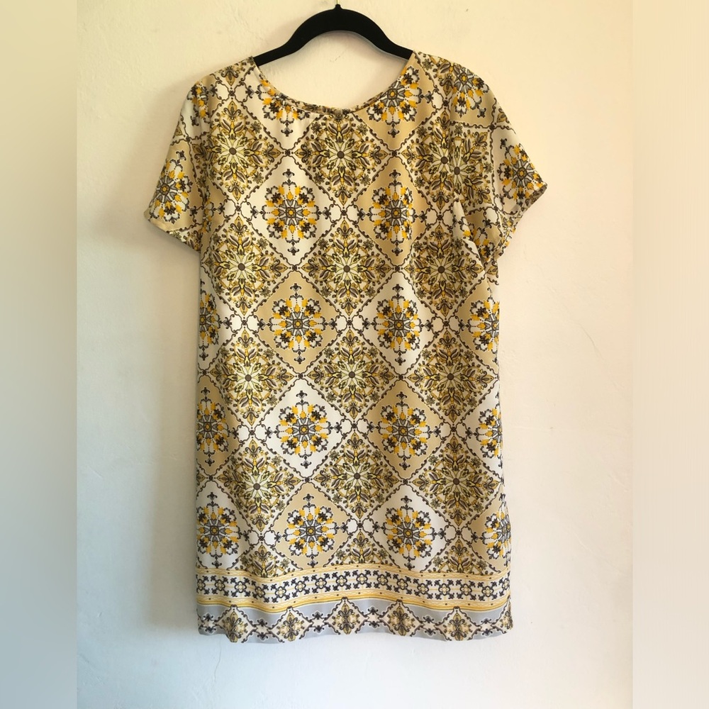 Lulu B Dress Sheath Short Sleeve  Yellow Gray Floral Lined Size M